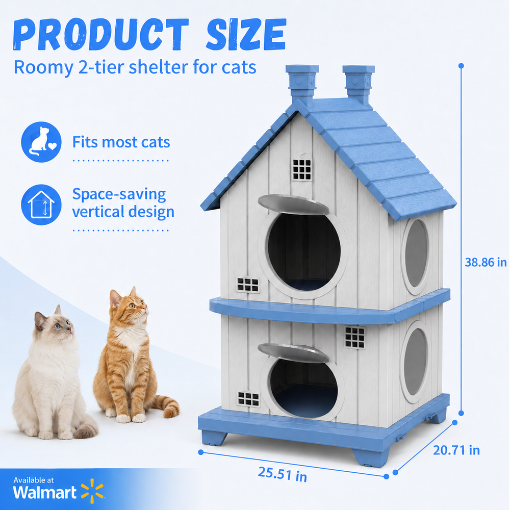 MINDYES Double-Layer Outdoor Cat House with Ventilation Windows, Weatherproof Pet Shelter for Garden & Patio, Blue MINDYES Double-Layer Outdoor Cat House with Ventilation Windows, Weatherproof Pet Shelter for Garden & Patio, Blue