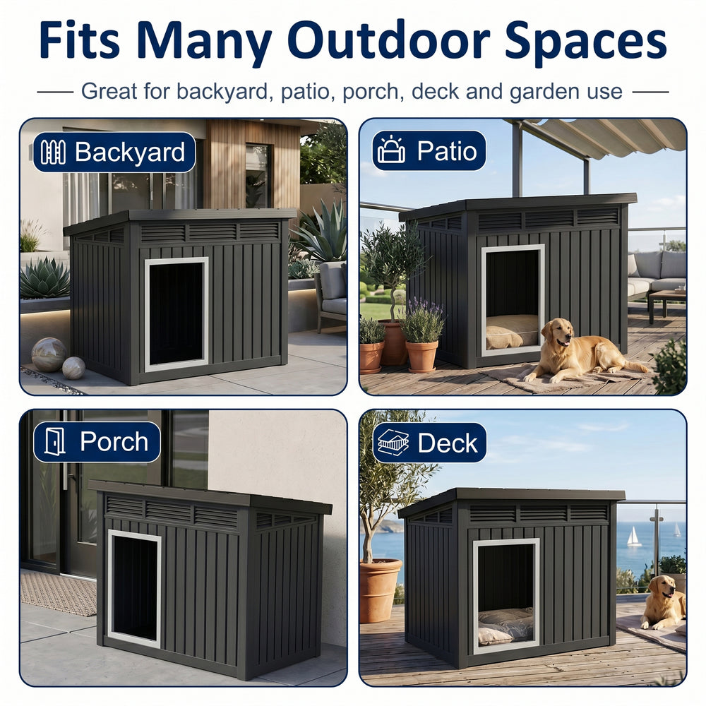 MINDYES Classic Dog House Outdoor Faux Wooden Shelter with Weatherproof Roof Removable Floors for Medium Small Dogs, Black MINDYES Classic Dog House Outdoor Faux Wooden Shelter with Weatherproof Roof Removable Floors for Medium Small Dogs, Black