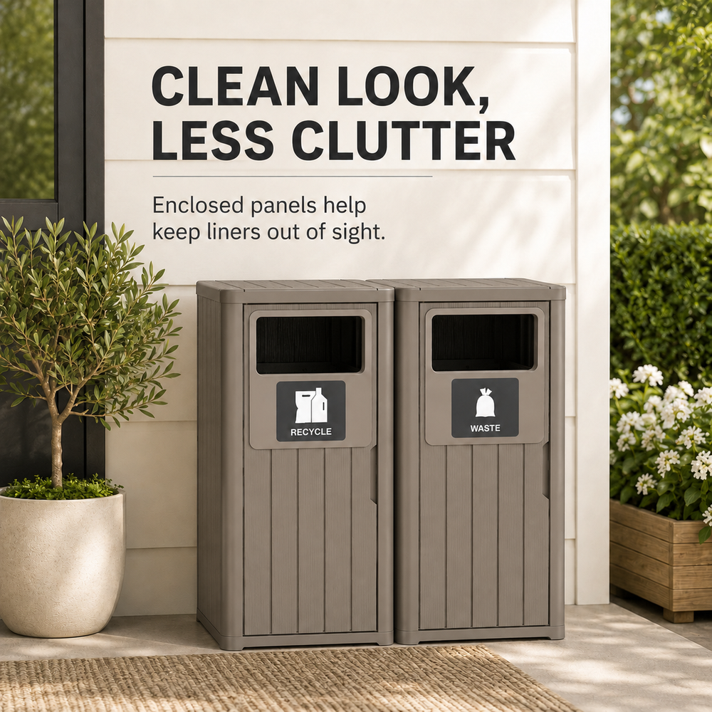 MINDYES Outdoor Trash Can with Garbage Labels, 66 Gallon Large Waterproof Garbage Can for Porch Patio, Light Brown MINDYES Outdoor Trash Can with Garbage Labels, 66 Gallon Large Waterproof Garbage Can for Porch Patio, Light Brown