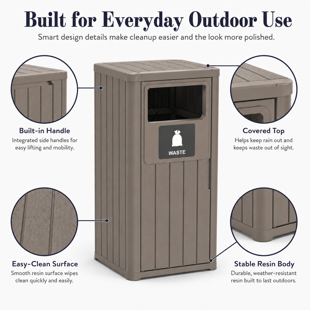 MINDYES Outdoor Trash Can with Garbage Labels, 33 Gallon Waste Container for Porch Backyard, Light Brown MINDYES Outdoor Trash Can with Garbage Labels, 33 Gallon Waste Container for Porch Backyard, Light Brown