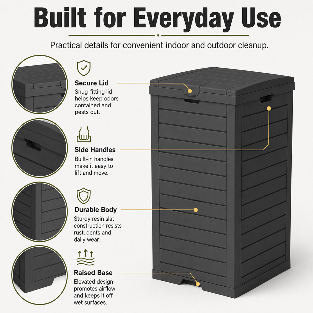 MINDYES 31 Gallon Outdoor Trash Bin with Lid & Drip Tray, Large Hideaway Garbage Can for Porch & Backyard, Black MINDYES 31 Gallon Outdoor Trash Bin with Lid & Drip Tray, Large Hideaway Garbage Can for Porch & Backyard, Black
