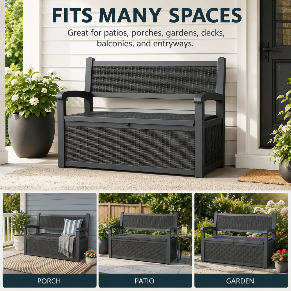 MINDYES 82 Gallon Outdoor Wicker Storage Bench, Deck Box and Organization Storage Combi for Backyard Garden, Black MINDYES 82 Gallon Outdoor Wicker Storage Bench, Deck Box and Organization Storage Combi for Backyard Garden, Black