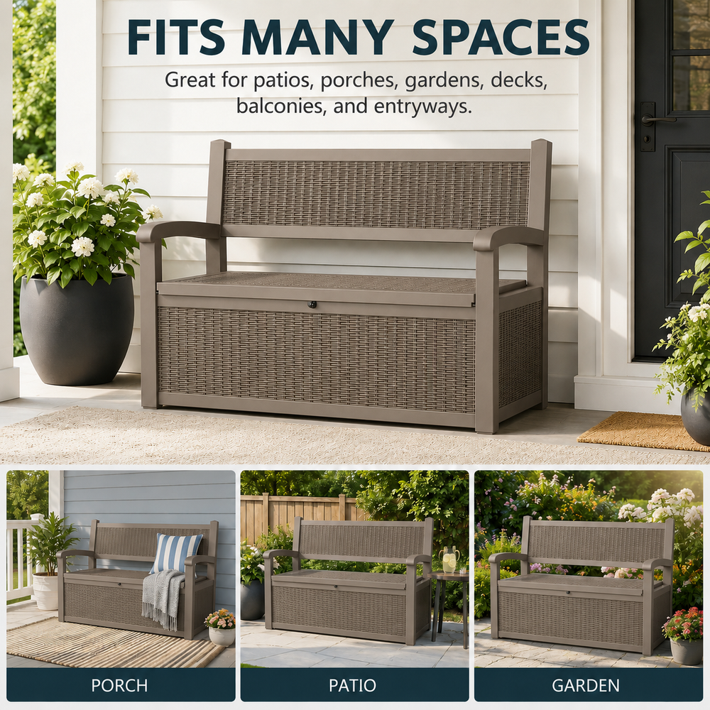 MINDYES Outdoor Storage Bench, 82 Gallon Wicker Deck Box and Organization Storage Combi for Cushions & Garden Tools, Light Brown MINDYES Outdoor Storage Bench, 82 Gallon Wicker Deck Box and Organization Storage Combi for Cushions & Garden Tools, Light Brown