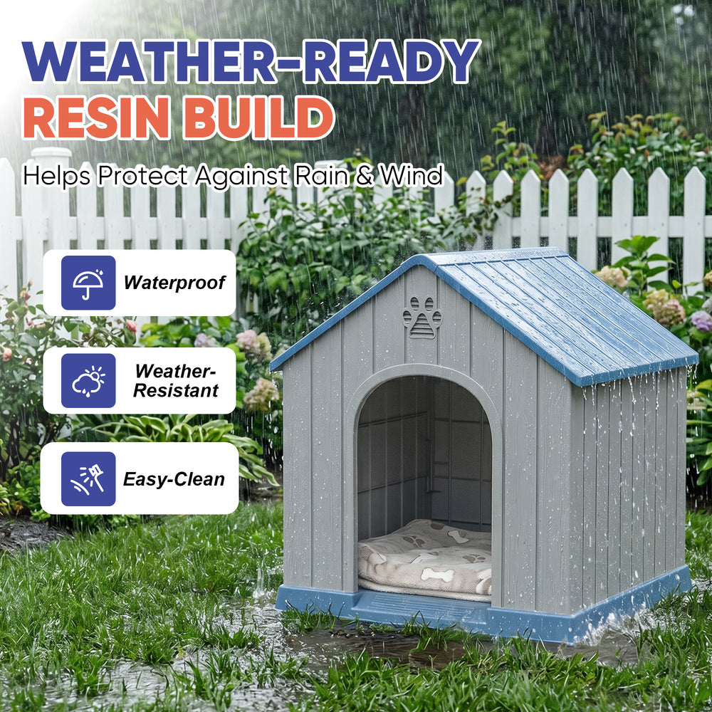 MINDYES Outdoor Dog House Medium Small Pet Doghouse, Waterproof Resin Dog Shelter, Blue