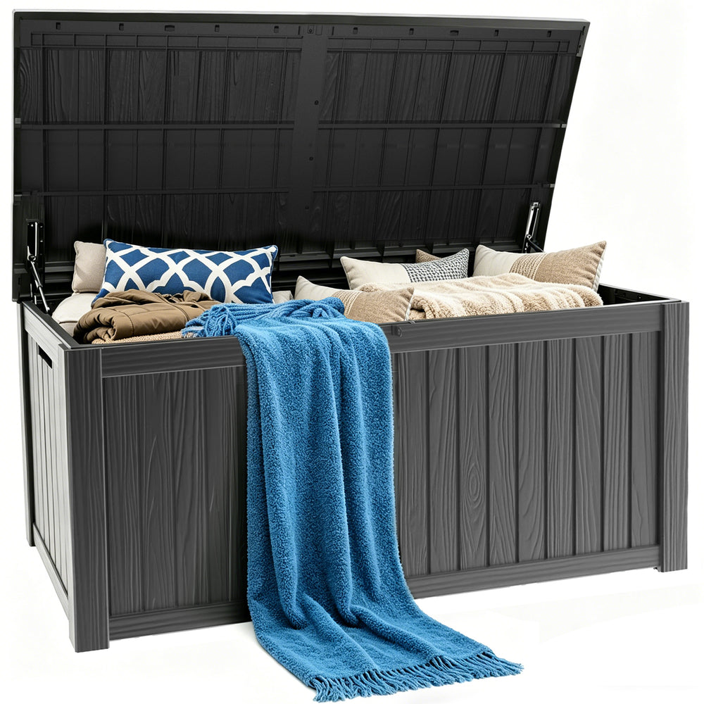 MINDYES 180 Gallon Deck Box, Jumbo Outdoor Storage for Patio Furniture Cushions, Pool Equipment, Outdoor Tools & More, Black