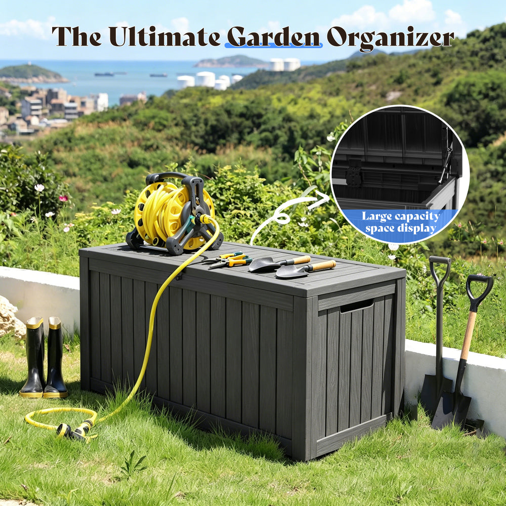 MINDYES 180 Gallon Deck Box, Jumbo Outdoor Storage for Patio Furniture Cushions, Pool Equipment, Outdoor Tools & More, Black