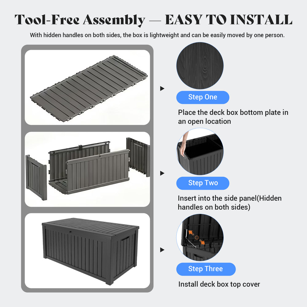 MINDYES 180 Gallon Deck Box, Jumbo Outdoor Storage for Patio Furniture Cushions, Pool Equipment, Outdoor Tools & More, Black