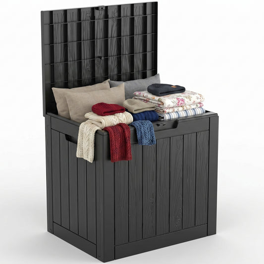 MINDYES 30 Gallon Deck Box, Outdoor Resin Storage Box, Waterproof Patio Lockable Outside Cushions, Black