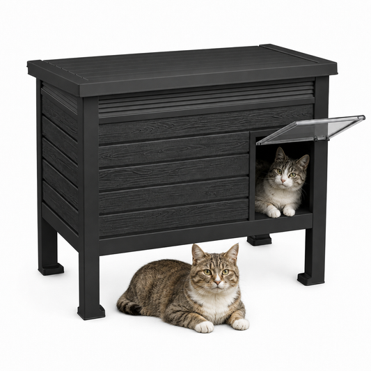 MINDYES Outdoor Cat House with Stent & Weatherproof Roof for Feral Cats & Kittens, Black