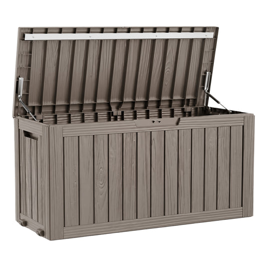 MINDYES 90 Gallon Outdoor Deck Box, Patio Storage Box with Gas Strut for Cushions, Holiday Decor & Garden Tools, Beige
