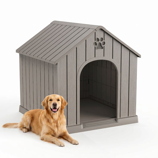 MINDYES Indoor Outdoor Dog House, 40" Resin Waterproof Dog Shelter for Large Dogs, Light Brown
