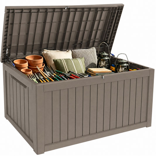 MINDYES 260 Gallon Outdoor Deck Box, 3-IN-1 Large Storage Box for Locker, Stool & Table, Beige
