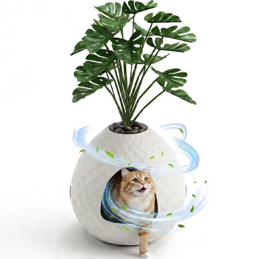MINDYES Plant Hidden Cat Litter Box with Pebbles and Artificial Greenery, Home Decor Cat Boxs for All Cats, White