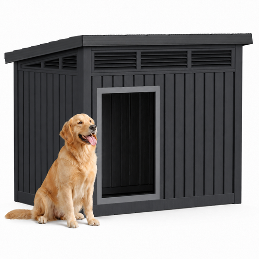MINDYES 43" Outdoor Large Dog House with Weatherproof Roof Removable Floors, Faux Wooden Dog Shelter, Black