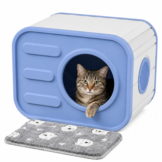 MINDYES Indoor Cat Bed with Cushion, Camera-Shaped Cat House for Cats Kittens & Puppies, Blue