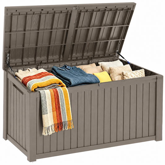 MINDYES 210 Gallon Resin Deck Box, 3-IN-1 Outdoor Storage Cabinet for Locker, Stool & Table, Beige