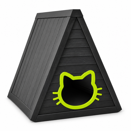 MINDYES Outdoor Cat House, Weatherproof Roof & Cat-shaped Door for Cats Kittens & Puppies, Black