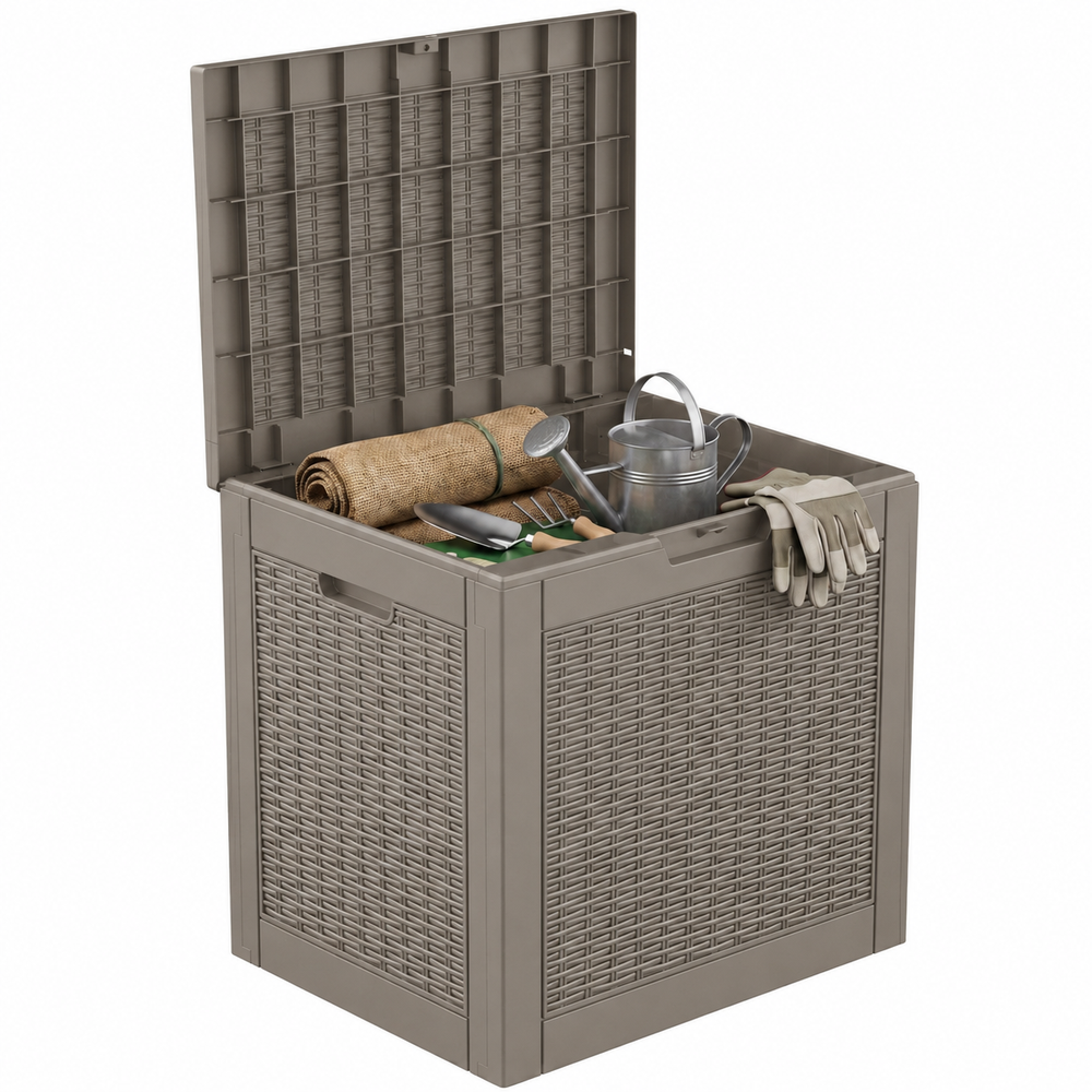 MINDYES 35 Gallon Deck Box, Wicker Outdoor Storage for Patio Cushions, Pool Toys & Garden Tools, Beige