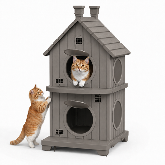 MINDYES Double-Layer Cat House for Home, Cat Shelter with entilation Windows for Indoor & Outdoor,  Light Brown