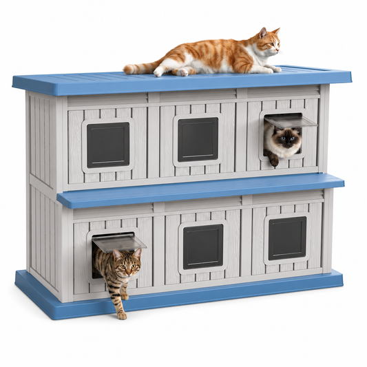MINDYES Double-Layer Cat Bed, Indoor Outdoor Cat House Pet Shelter with Weatherproof Roof & Thickened Eaves for 6-12 Cats, Blue
