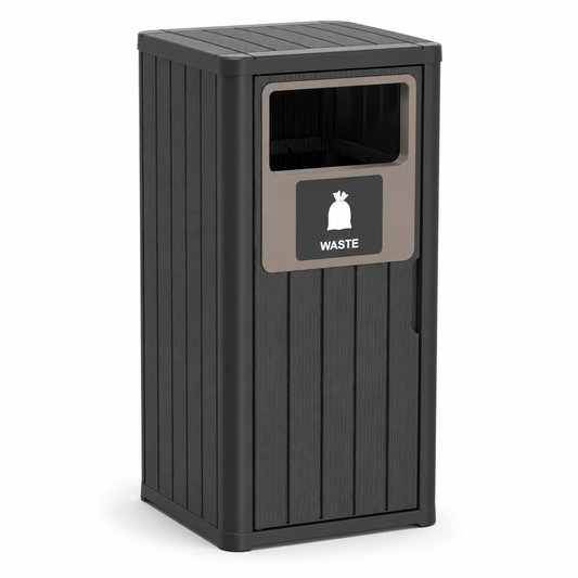 MINDYES 33 Gallon Outdoor Trash Bin with Garbage Labels, Home Garbage Can for Patio Porch & Backyard, Black