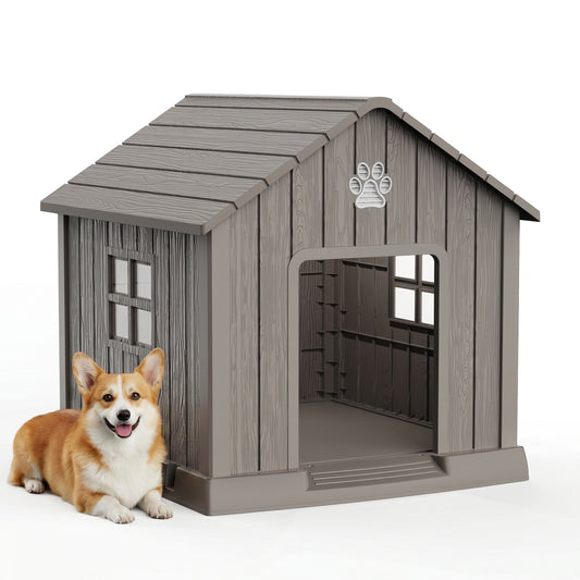 MINDYES 34" Outdoor Dog House, Medium Small Pet Dog Shelter with Weatherproof Asphalt Roof & Window, Light Brown