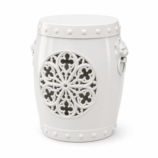 MINDYES 3-in-1 Faux Ceramic Garden Stool, Indoor Outdoor Furniture with Storage & Side Table, Home Collection for Patio Garden, White