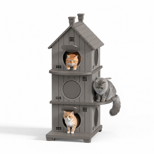 MINDYES Cat House, Weatherproof Outdoor Three-Tier Cat Bed for Garden & Patio, Light Brown