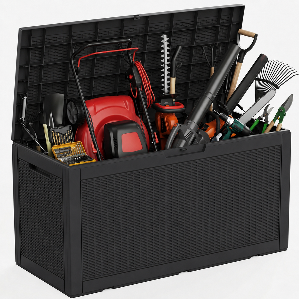 MINDYES 120 Gallon Wicker Deck Box, Outdoor Storage for Patio Cushions, Pool Floats & Garden Tools, Black
