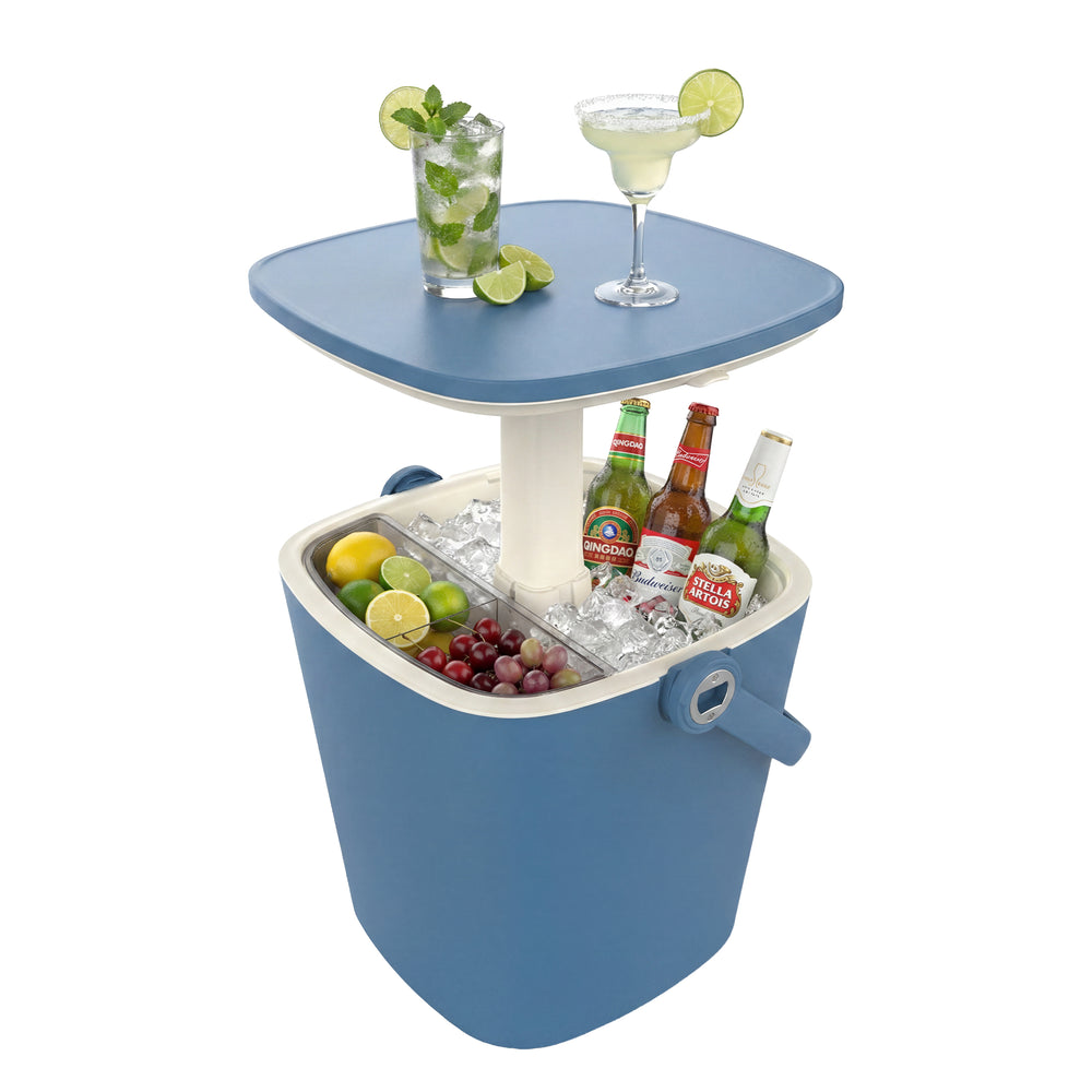 MINDYES Ice Bucket with Lid, Outdoor Beverage Cooler Table, Resin Patio Ice Bucket with Bottle Opener & Storage, Pool Party Drink Cooler, Blue