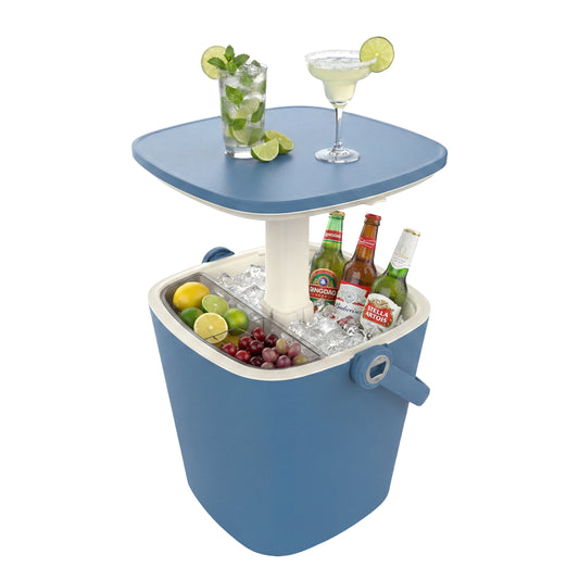 MINDYES Ice Bucket with Lid, Outdoor Beverage Cooler Table, Resin Patio Ice Bucket with Bottle Opener & Storage, Pool Party Drink Cooler, Blue
