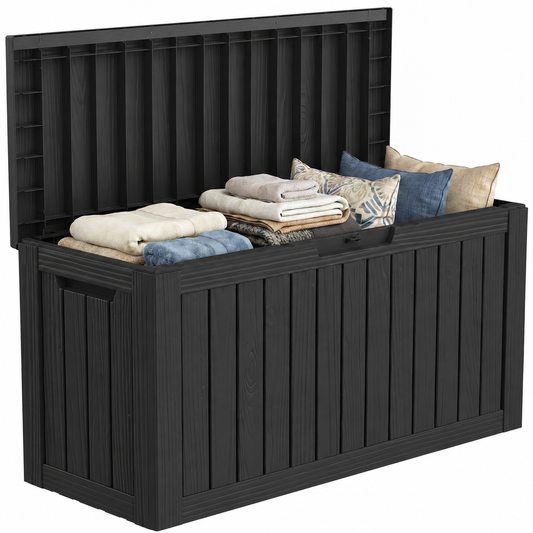 MINDYES 90 Gallon Deck Box, Large Capacity Outdoor Storage for Patio Furniture Cushions, Pool Floats & Party Supplies, Black