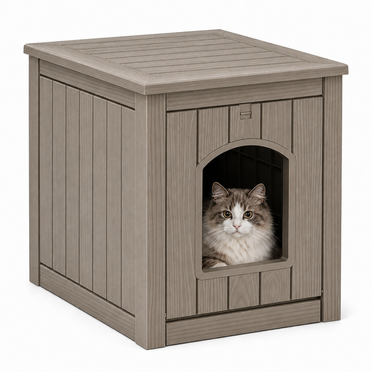 MINDYES Outdoor Cat House, Weatherproof 35Gal Pet Shelter for All Small Pets, Light Brown