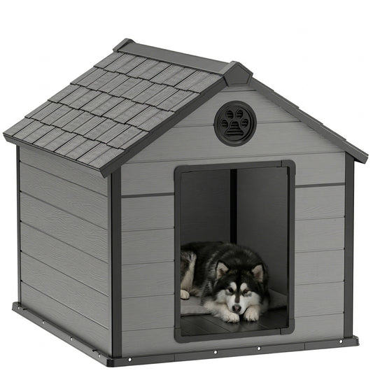MINDYES Large Dog House, 46" Pet Dog Shelter with Weatherproof Roof & Porch, Black Gray