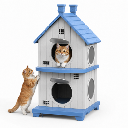MINDYES Double-Layer Outdoor Cat House with Ventilation Windows, Weatherproof Pet Shelter for Garden & Patio, Blue