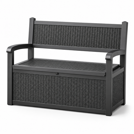 MINDYES 82 Gallon Outdoor Wicker Storage Bench, Deck Box and Organization Storage Combi for Backyard Garden, Black
