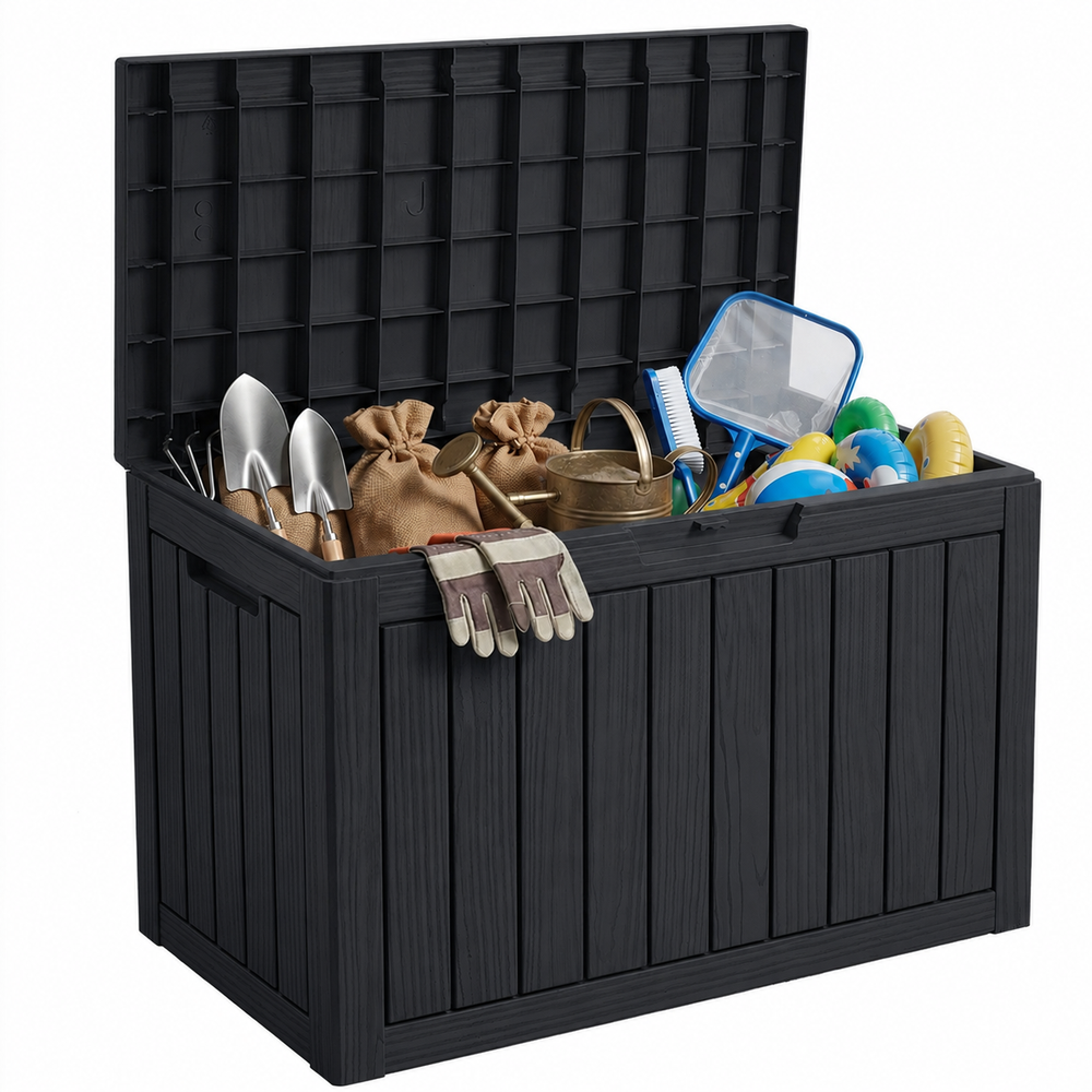 MINDYES 50 Gallon Deck Box, Outdoor Storage Box for Furniture, Garden Tools and Tools Storage, Black