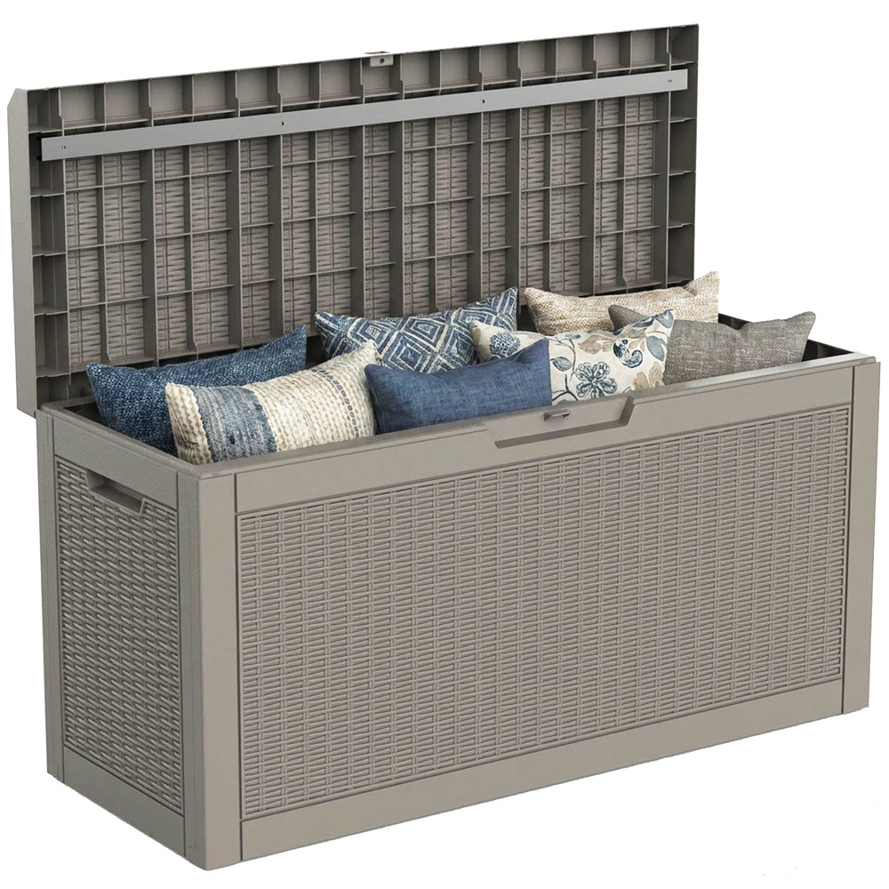 MINDYES 70 Gallon Resin Deck Box, Patio Cushions, Wicker Outdoor Storage Box Pool Toys & Garden Tools, Beige