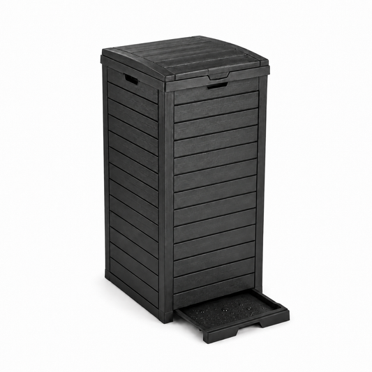 MINDYES 31 Gallon Outdoor Trash Bin with Lid & Drip Tray, Large Hideaway Garbage Can for Porch & Backyard, Black