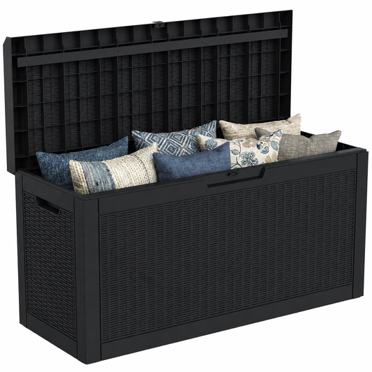 MINDYES 70 Gallon Wicker Deck Box, Outdoor Storage for Patio Cushions, Pool Toys & Garden Tools, Black