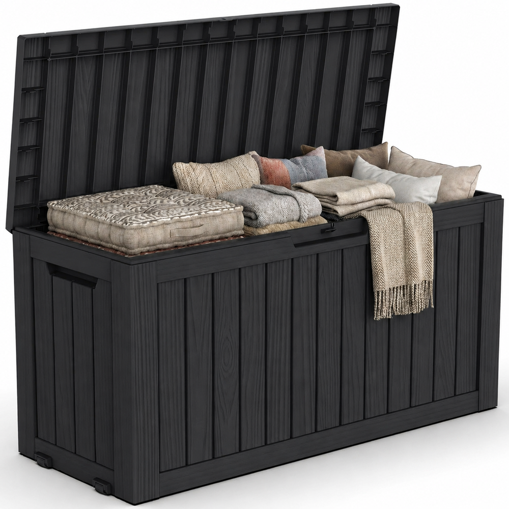 MINDYES 80 Gallon Deck Box, Extra Large Outdoor Storage for Patio Cushions, Holiday Decor & Garden Tools, Black