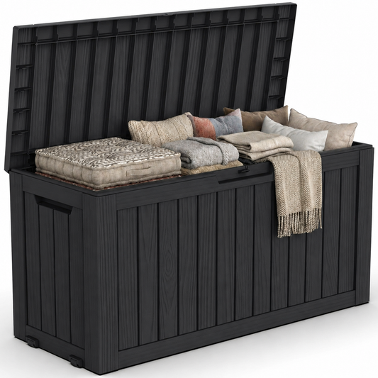 MINDYES 80 Gallon Deck Box, Extra Large Outdoor Storage for Patio Cushions, Holiday Decor & Garden Tools, Black