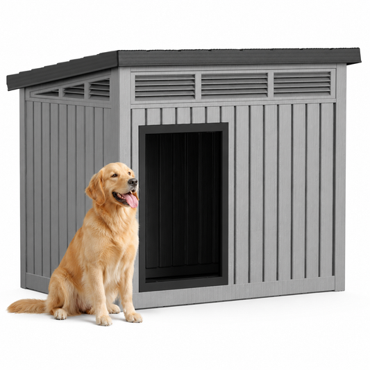 MINDYES Large Dog House, 43" Faux Wooden Dog Shelter with Weatherproof Roof Removable Floors for Indoor & Outdoor, Gray