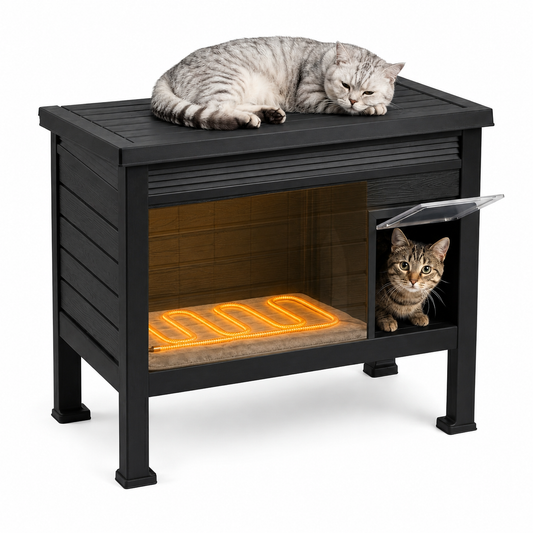 MINDYES Outdoor Cat House with Heating Pad, Pet Shelter with Weatherproof Roof & Stent, Black