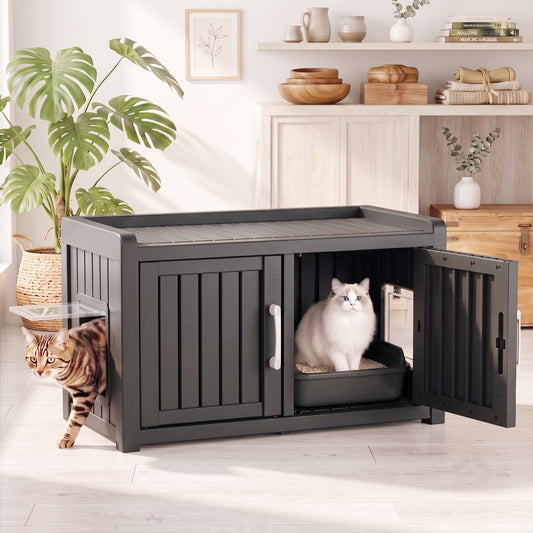MINDYES Hidden Cat Litter Box Enclosure Furniture for Living Room Hallway, Black