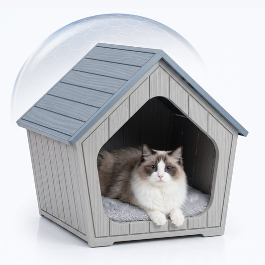 MINDYES Cat House Weatherproof Shelter for Feral Cats & Kittens, Resin Faux Wooden for Indoor & Outdoor, Blue