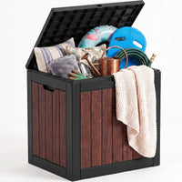 MINDYES 35 Gallon Outdoor Deck Box, Resin Walnut Wood Storage Boxs for Backyard Patio Gaden