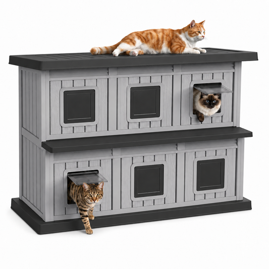 MINDYES Double-Layer Outdoor Cat House, Weatherproof Roof & Thickened Eaves for Feral Cats & Cattery, Black