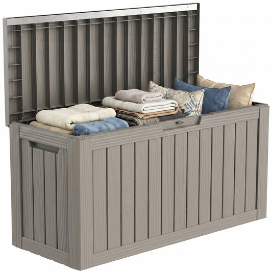 MINDYES 90 Gallon Deck Box, Home Decor Storage for Party Supplies, Outdoor Storage Box for Patio Furniture Cushions & Pool Floats, Beige