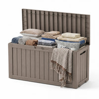 MINDYES 90 Gallon Outdoor Deck Box, Patio Storage Box with Gas Strut for Cushions, Holiday Decor & Garden Tools, Beige